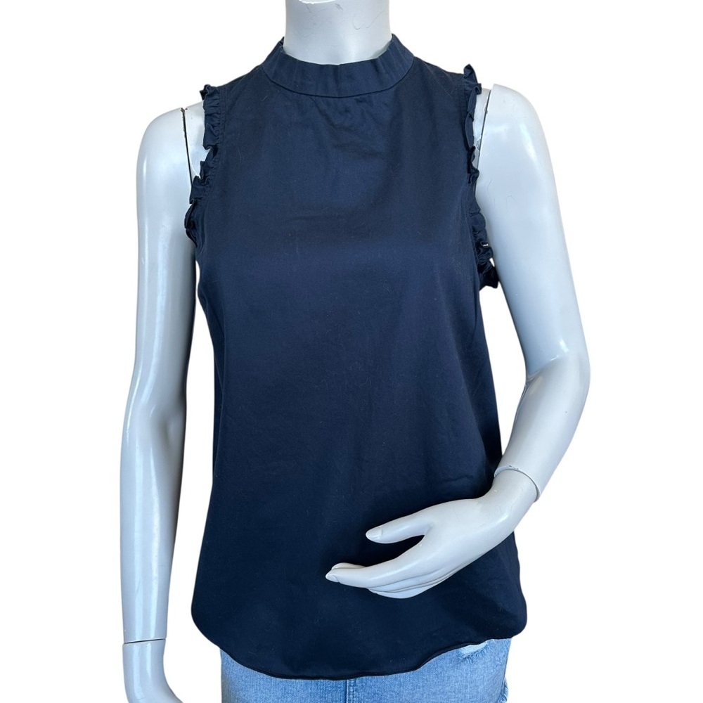 Amanda Uprichard Navy Blue Sleeveless High Neck Ruffle Trim Blouse Size Medium